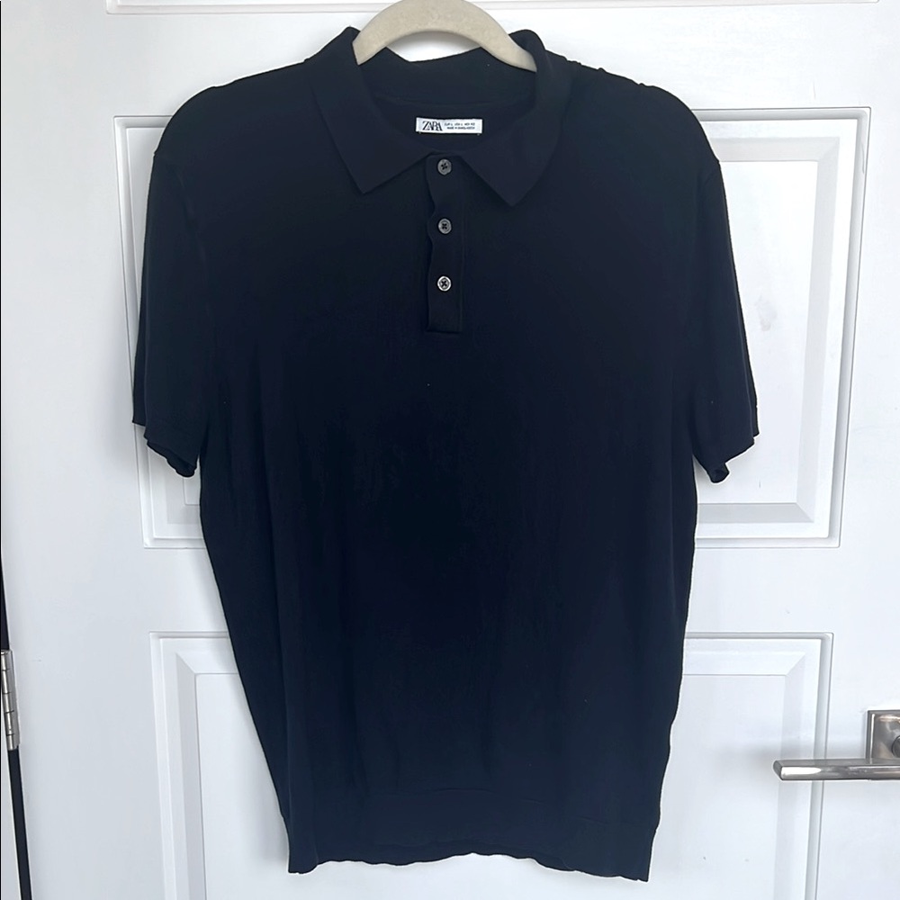 Zara Men's Dark Navy Short Sleeve Polo Knit Sweater size L - Picture 2 of 9